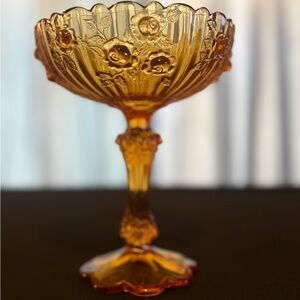 Vintage Amberina Glass Fenton Cabbage Roses Compote Pedestal Candy Dish 7.5"